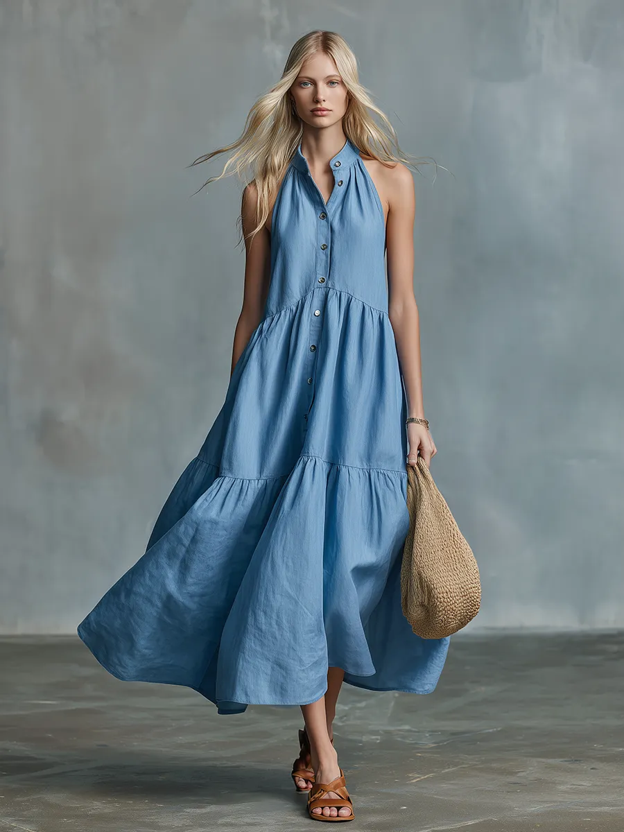 Comfortable And Relaxed Sleeveless Stand-up Collar Button-down Maxi Dress sold by Oyrosy product image thumbnail 4