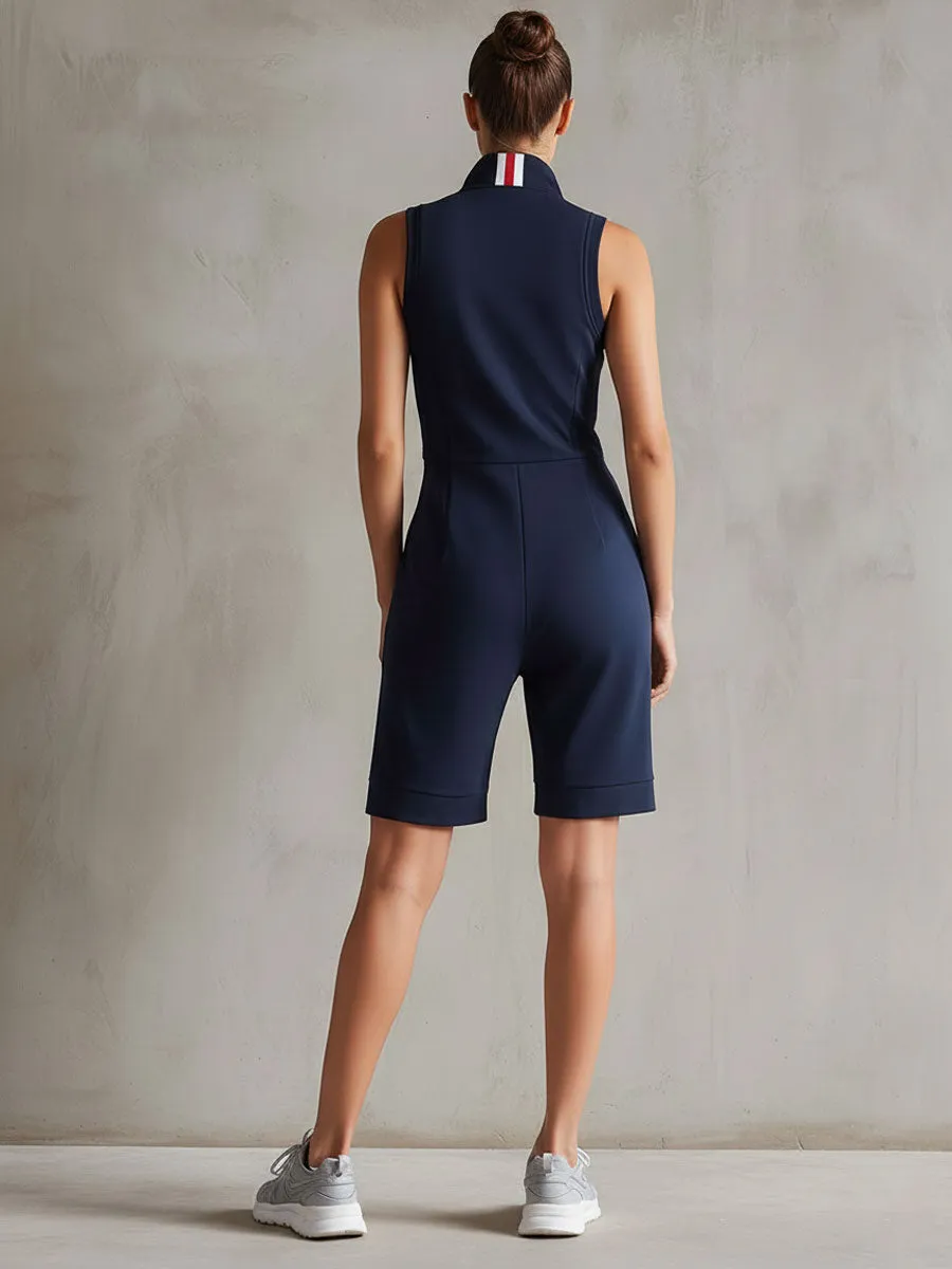 Retro Sporty Striped Navy Sleeveless Shorts Jumpsuit sold by Oyrosy product image thumbnail 3
