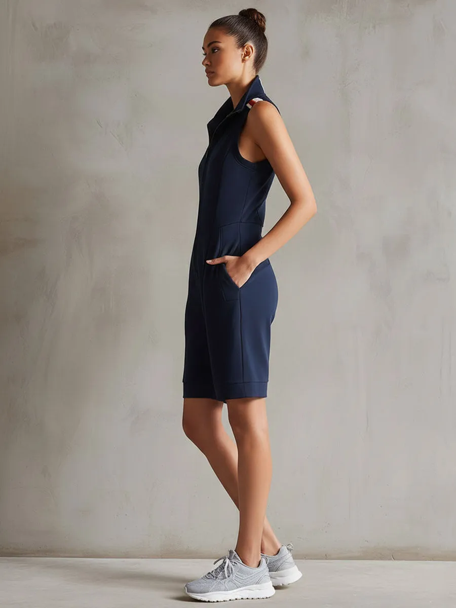 Retro Sporty Striped Navy Sleeveless Shorts Jumpsuit sold by Oyrosy product image thumbnail 2