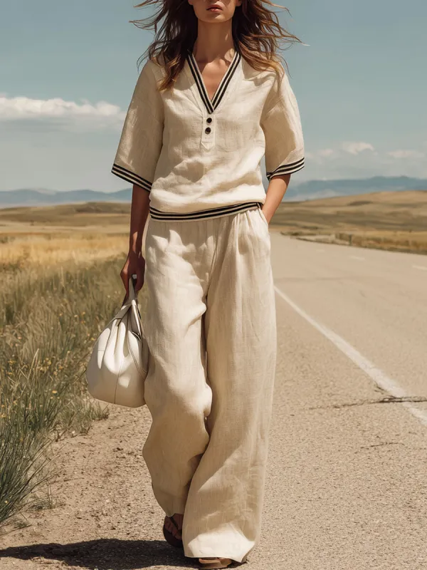 Casual Retro Striped Apricot Cotton Linen Short-sleeved Shirt And Wide-leg Pants Set made by Oyrosy