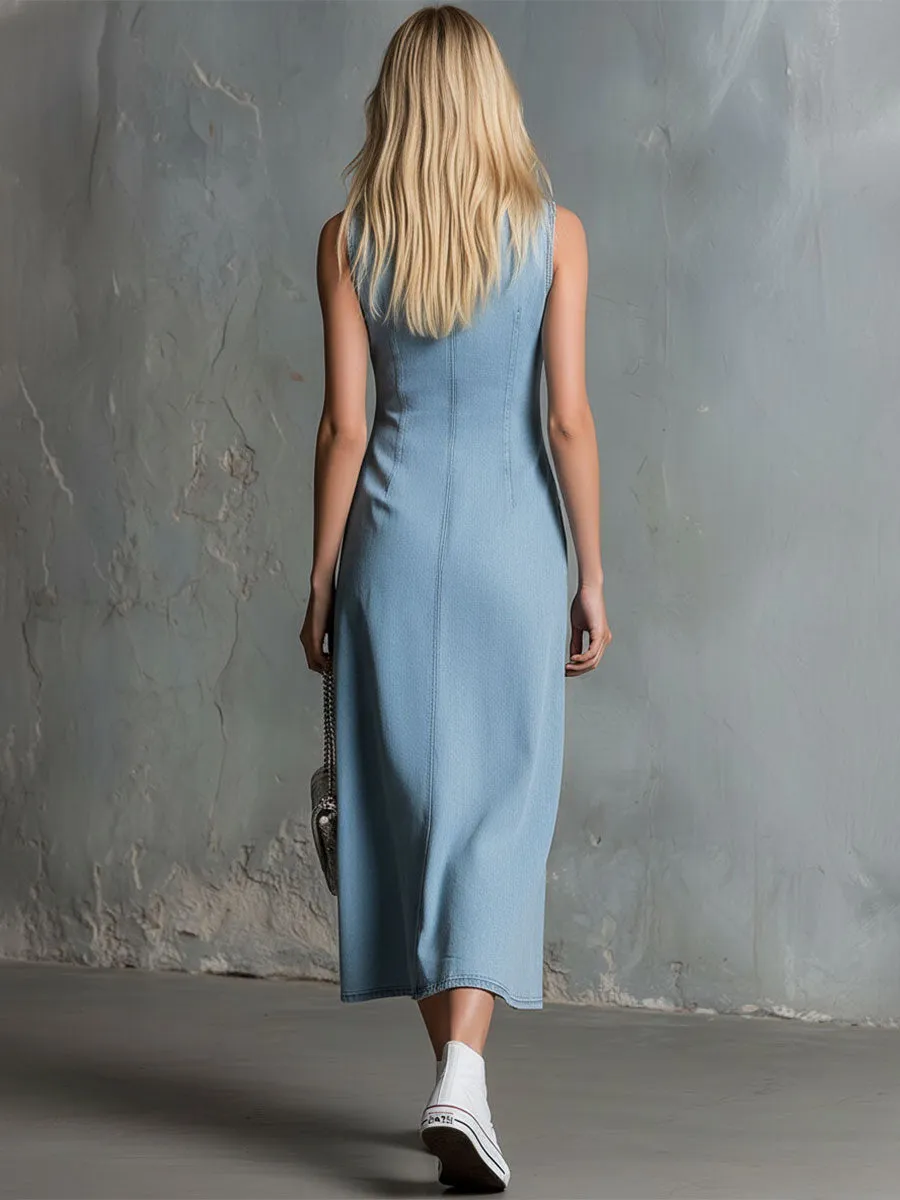 Stylish Retro Blue V-Neck Button-Front Sleeveless Denim Midi Dress sold by Oyrosy product image thumbnail 3
