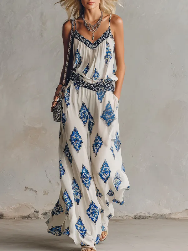 Retro Bohemian Print White Camisole And Wide-Leg Pants Chiffon Set sold by Oyrosy