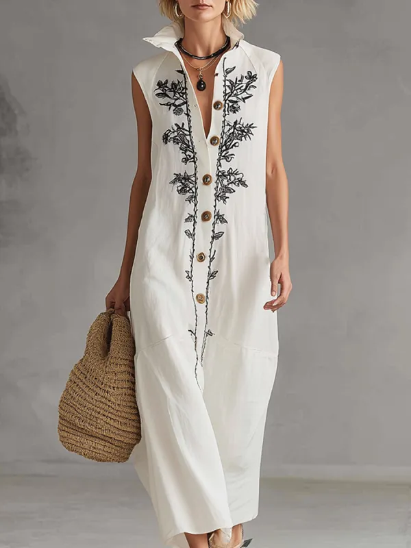 Exquisite Embroidered White Cotton And Linen Collared Button Sleeveless Maxi Dress sold by Oyrosy