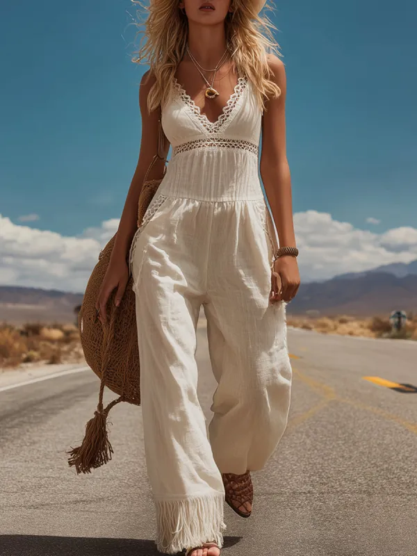 Western-Style Lace-Trimmed Off-White Tasseled Cotton-Linen Sleeveless Jumpsuit made by Oyrosy