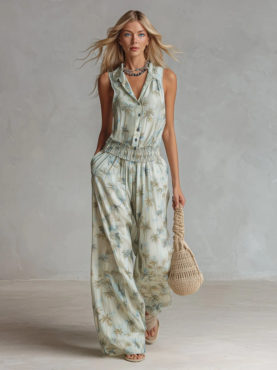 Elegant Vacation Style Light Green Chiffon Coconut Tree Printed Sleeveless Top & Wide-Leg Pants Set sold by Oyrosy product image thumbnail 4