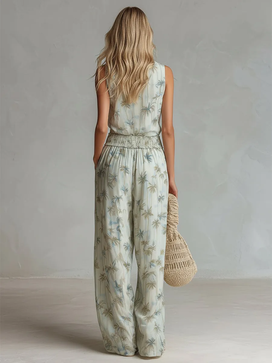 Elegant Vacation Style Light Green Chiffon Coconut Tree Printed Sleeveless Top & Wide-Leg Pants Set sold by Oyrosy product image thumbnail 3
