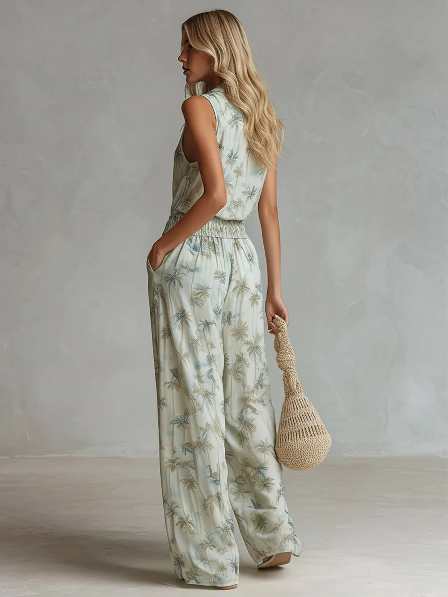 Elegant Vacation Style Light Green Chiffon Coconut Tree Printed Sleeveless Top & Wide-Leg Pants Set sold by Oyrosy product image thumbnail 2