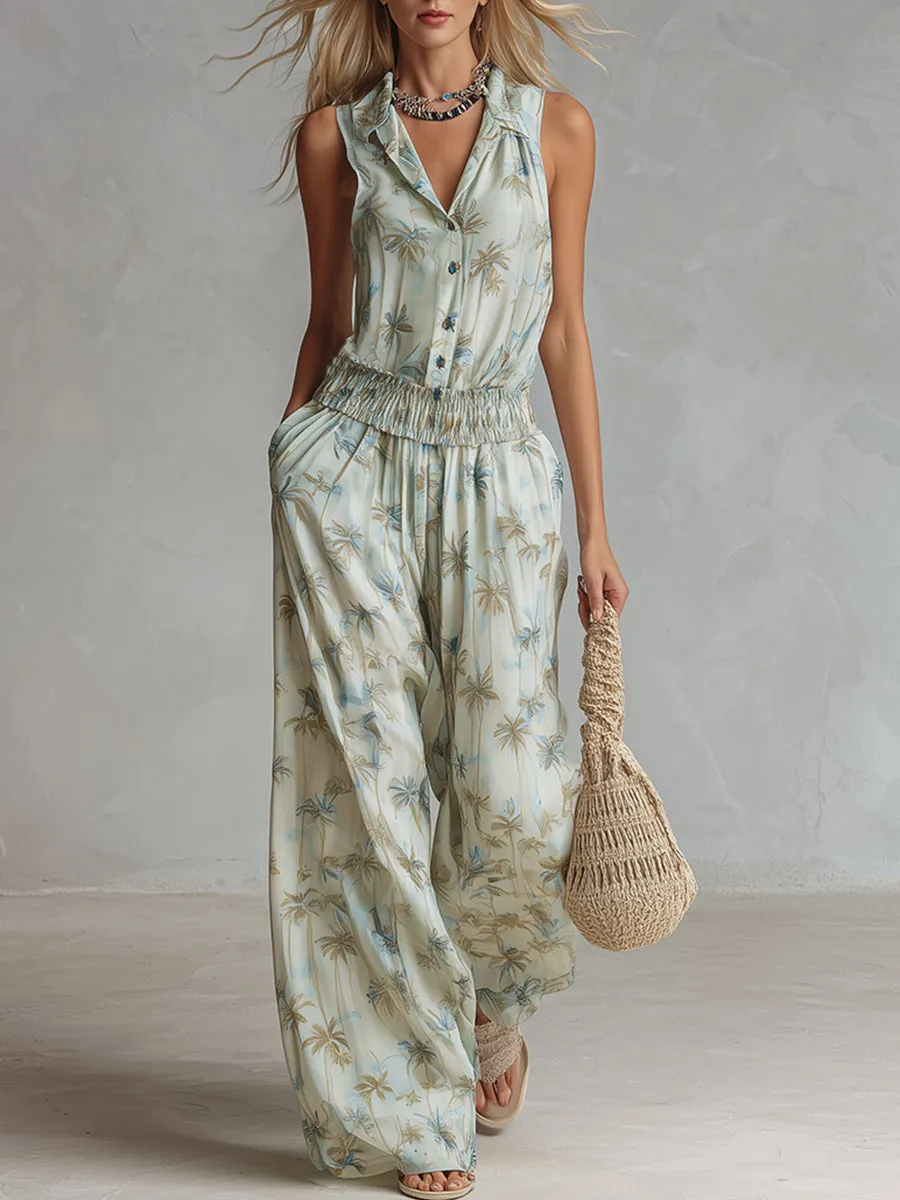Elegant Vacation Style Light Green Chiffon Coconut Tree Printed Sleeveless Top & Wide-Leg Pants Set sold by Oyrosy