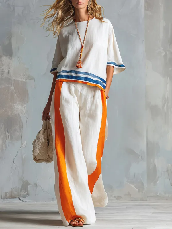Casual Urban Style Contrast-Trimmed White T-Shirt & Wide-Leg Pants Cotton-Linen Set made by Oyrosy