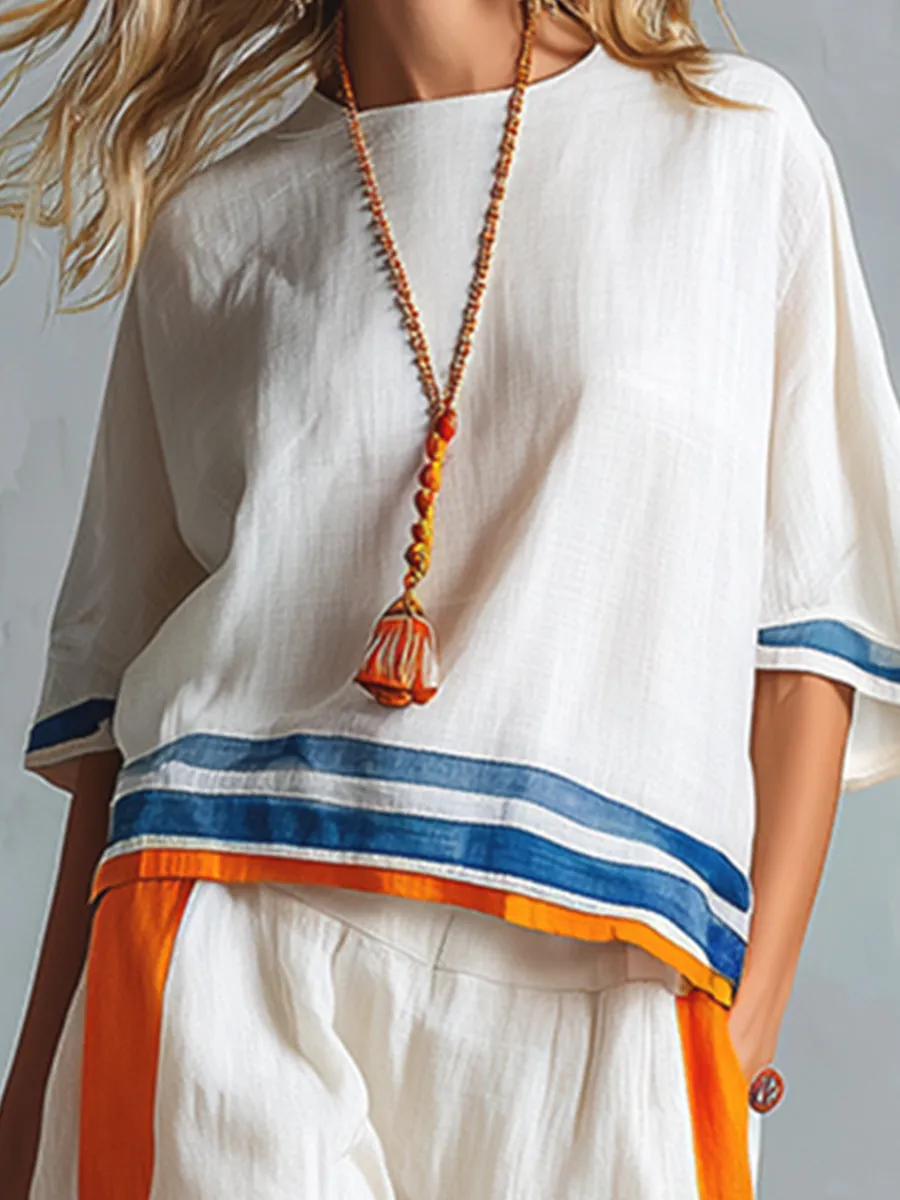 Casual Urban Style Contrast-Trimmed White T-Shirt & Wide-Leg Pants Cotton-Linen Set sold by Oyrosy product image thumbnail 5