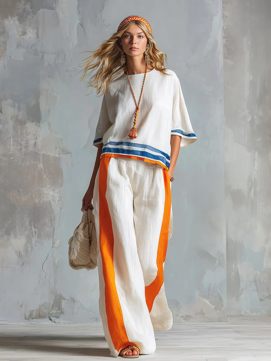 Casual Urban Style Contrast-Trimmed White T-Shirt & Wide-Leg Pants Cotton-Linen Set sold by Oyrosy product image thumbnail 4
