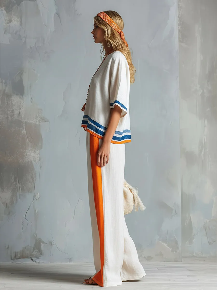 Casual Urban Style Contrast-Trimmed White T-Shirt & Wide-Leg Pants Cotton-Linen Set sold by Oyrosy product image thumbnail 2
