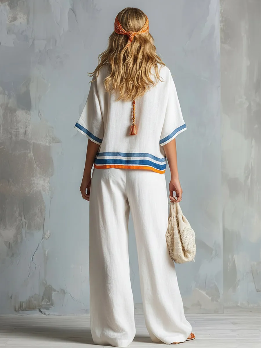 Casual Urban Style Contrast-Trimmed White T-Shirt & Wide-Leg Pants Cotton-Linen Set sold by Oyrosy product image thumbnail 3