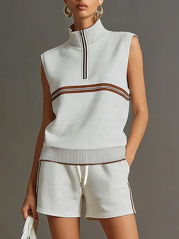 Retro Sporty Grey And White Half-zip Sleeveless Sweatshirt And Shorts Set made by Oyrosy