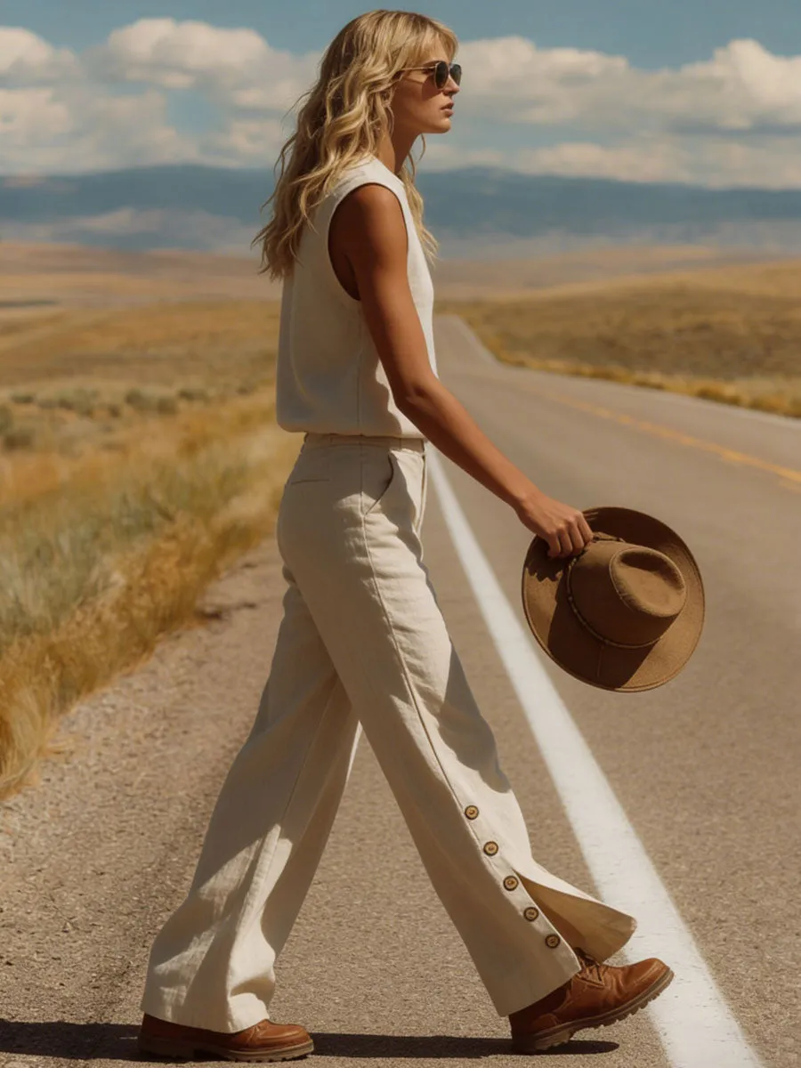 Western Bohemian Retro Apricot Cotton Linen Sleeveless Top And Slit Pants Set sold by Oyrosy product image thumbnail 2