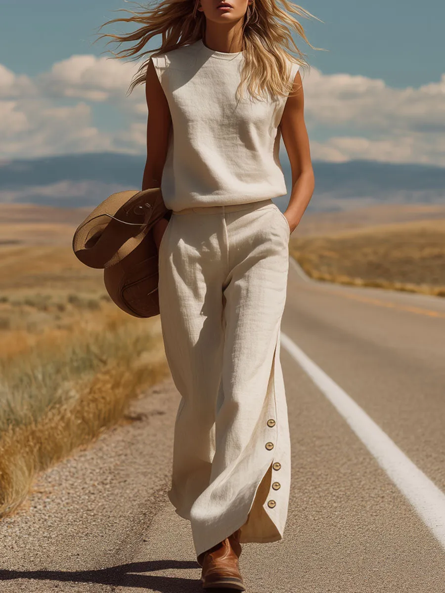 Western Bohemian Retro Apricot Cotton Linen Sleeveless Top And Slit Pants Set sold by Oyrosy
