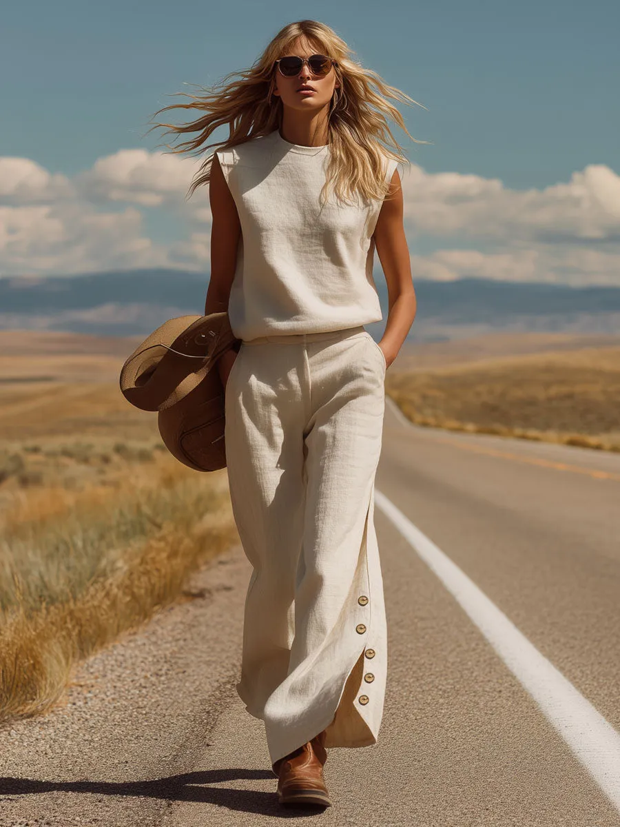 Western Bohemian Retro Apricot Cotton Linen Sleeveless Top And Slit Pants Set sold by Oyrosy product image thumbnail 5