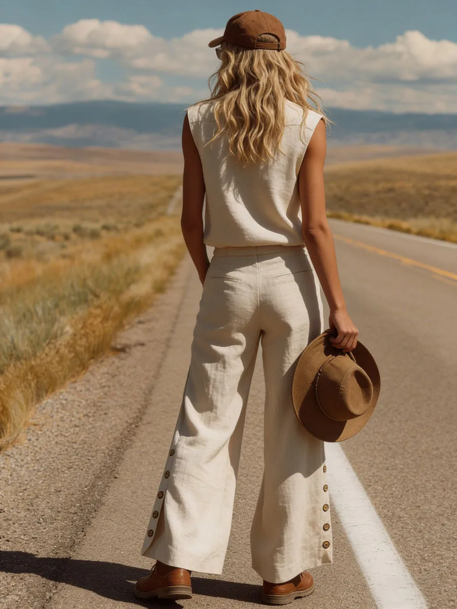 Western Bohemian Retro Apricot Cotton Linen Sleeveless Top And Slit Pants Set sold by Oyrosy product image thumbnail 3