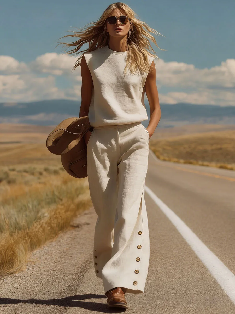 Western Bohemian Retro Apricot Cotton Linen Sleeveless Top And Slit Pants Set sold by Oyrosy product image thumbnail 4