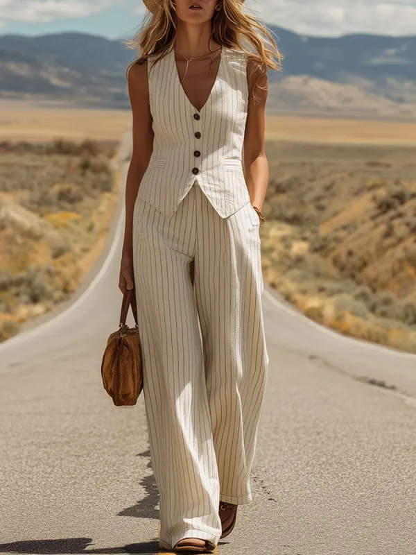 Western Bohemian Retro Apricot Striped Cotton Linen Vest And Pants Set made by Oyrosy