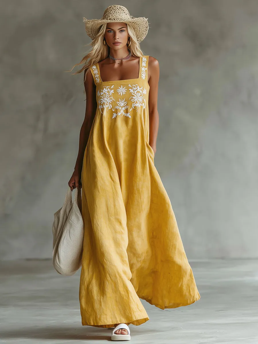 Yellow Cotton And Linen Embroidered Sleeveless Maxi Dress sold by Oyrosy product image thumbnail 4