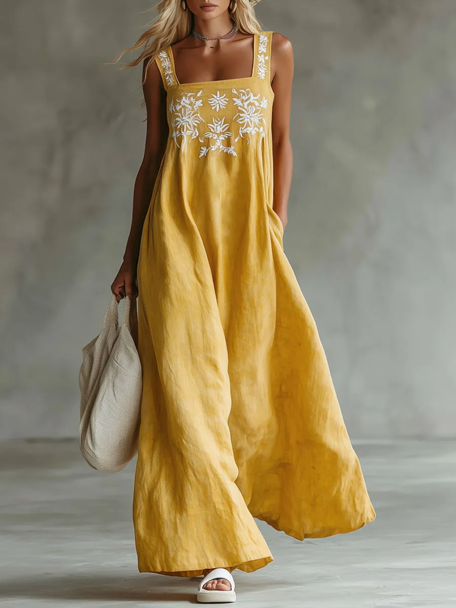 Yellow Cotton And Linen Embroidered Sleeveless Maxi Dress sold by Oyrosy