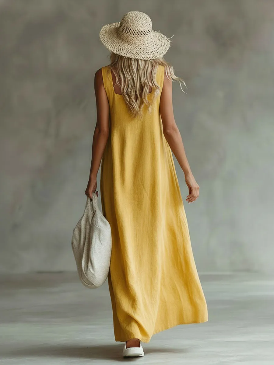 Yellow Cotton And Linen Embroidered Sleeveless Maxi Dress sold by Oyrosy product image thumbnail 3
