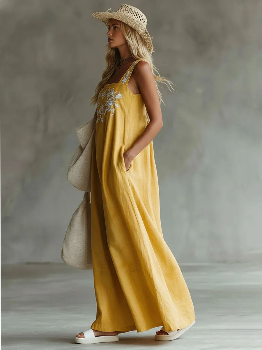 Yellow Cotton And Linen Embroidered Sleeveless Maxi Dress sold by Oyrosy product image thumbnail 2