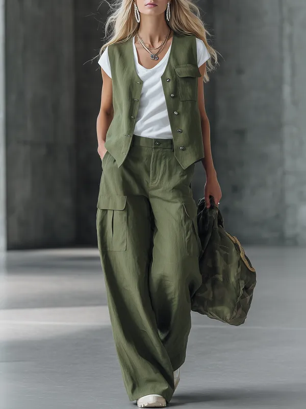 Stylish Retro Button-down Vest And Loose-fitting Trousers Set sold by Oyrosy