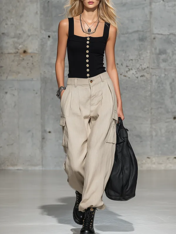 Casual And Comfortable Sleeveless Square Neck Button-down Top And Cargo Trousers Set sold by Oyrosy
