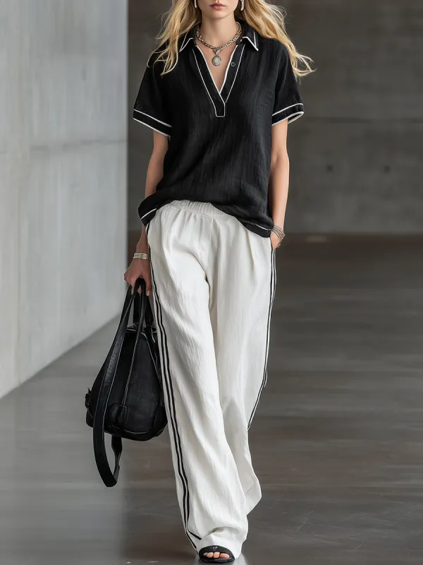 Comfortable And Casual Collared Color-blocked Short-sleeved Top And Trousers Set made by Oyrosy