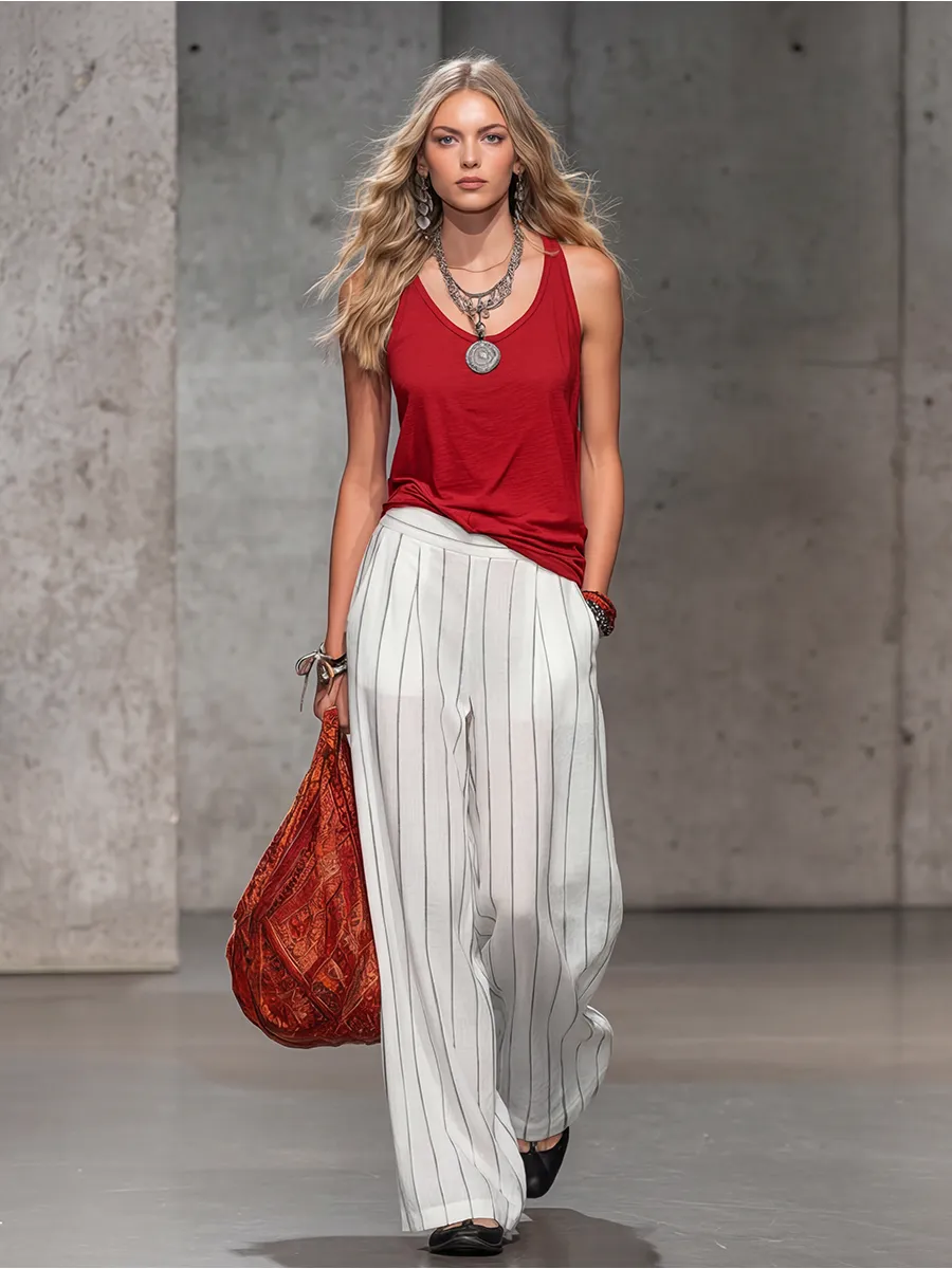 Comfortable And Relaxed Sleeveless V-neck Vest And Striped Chiffon Trousers Set sold by Oyrosy product image thumbnail 4