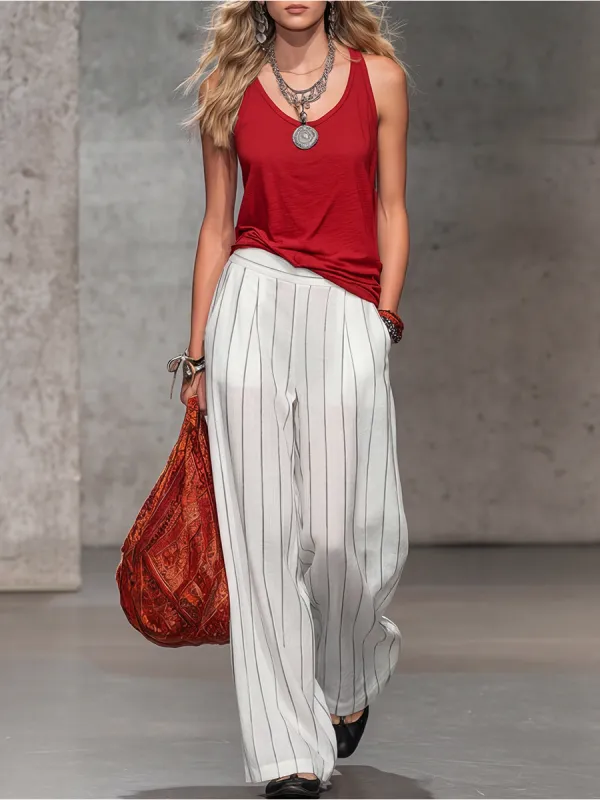 Comfortable And Relaxed Sleeveless V-neck Vest And Striped Chiffon Trousers Set made by Oyrosy