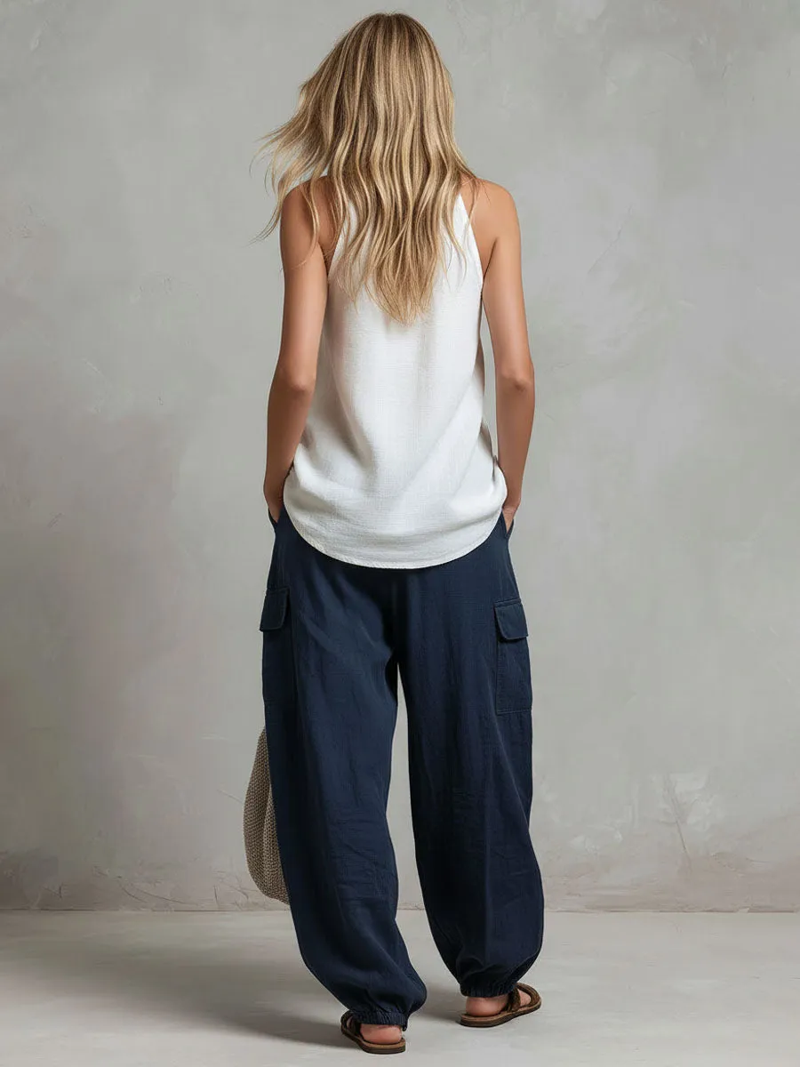 Loose-fitting V-neck Embroidered Sleeveless Top And Trousers Cotton-linen Set sold by Oyrosy product image thumbnail 3