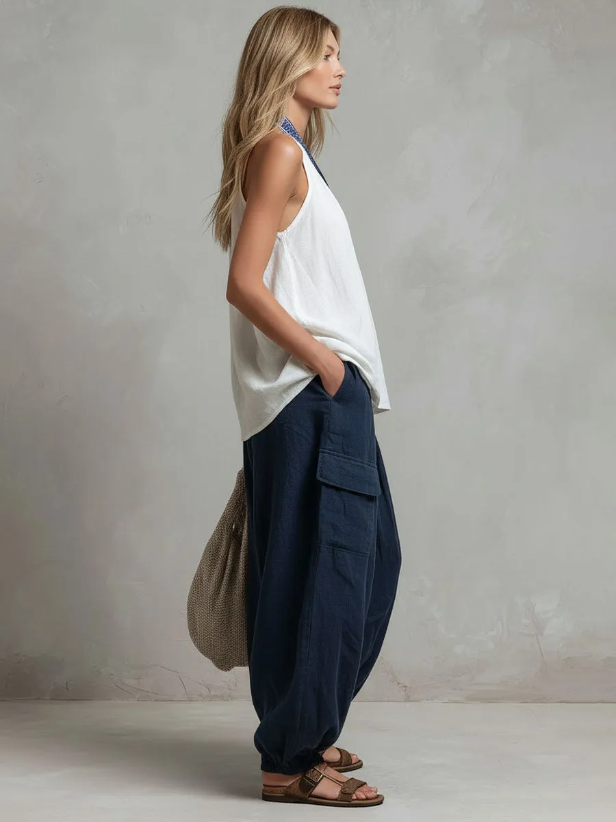 Loose-fitting V-neck Embroidered Sleeveless Top And Trousers Cotton-linen Set sold by Oyrosy product image thumbnail 2