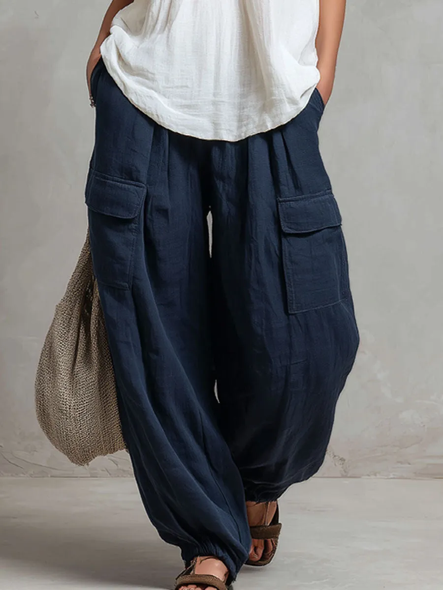 Loose-fitting V-neck Embroidered Sleeveless Top And Trousers Cotton-linen Set sold by Oyrosy product image thumbnail 5