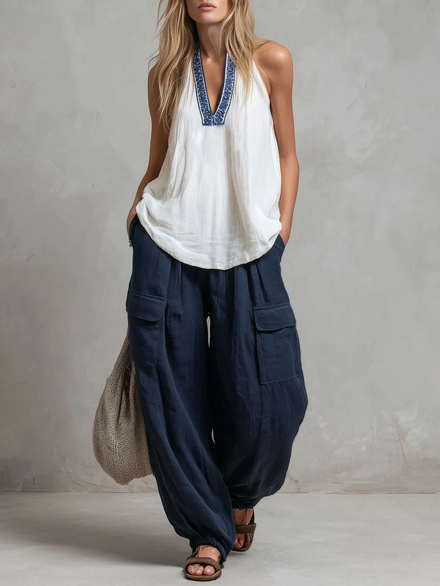 Loose-fitting V-neck Embroidered Sleeveless Top And Trousers Cotton-linen Set sold by Oyrosy
