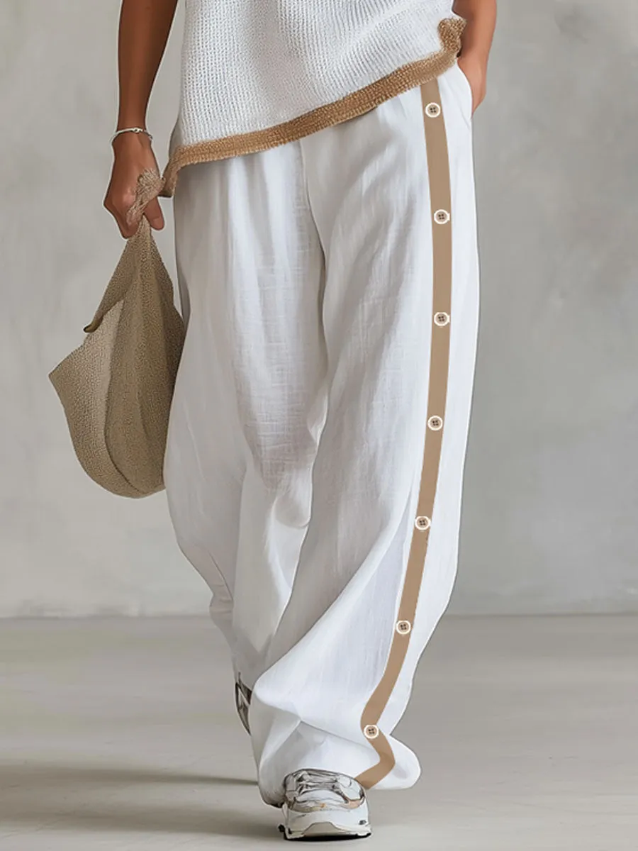 Loose-fitting Color-blocked Crew Neck Knit Top And Cotton-linen Pants Set sold by Oyrosy product image thumbnail 4