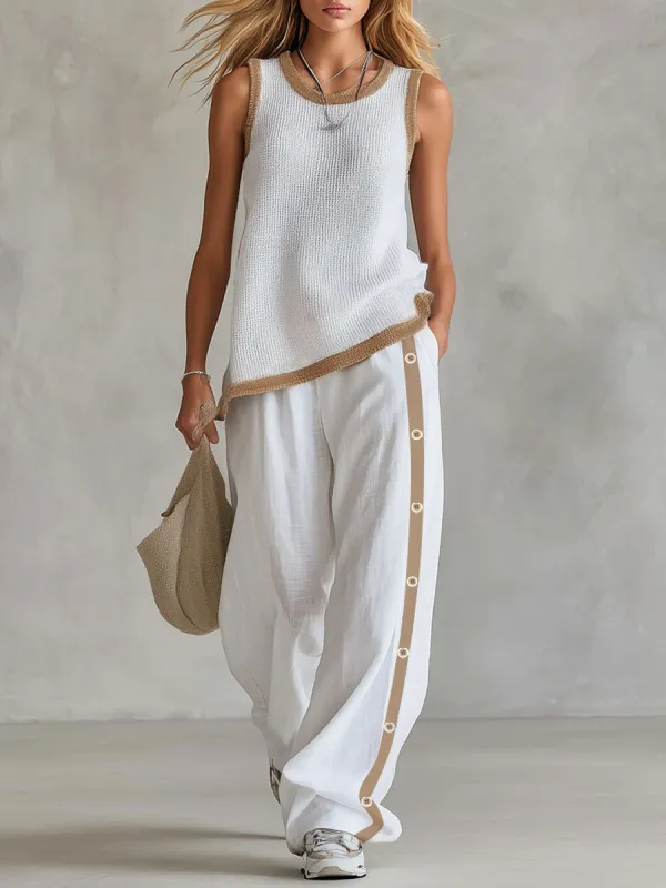 Loose-fitting Color-blocked Crew Neck Knit Top And Cotton-linen Pants Set sold by Oyrosy