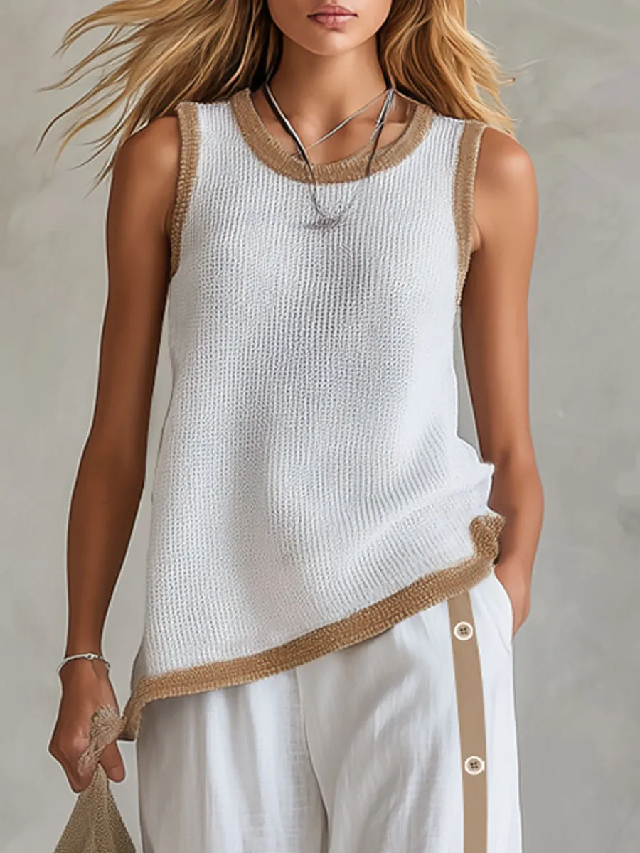 Loose-fitting Color-blocked Crew Neck Knit Top And Cotton-linen Pants Set sold by Oyrosy product image thumbnail 5