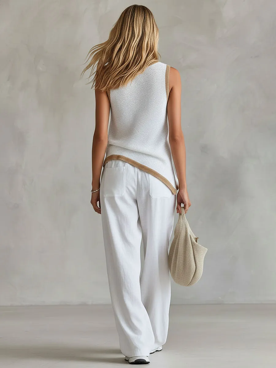 Loose-fitting Color-blocked Crew Neck Knit Top And Cotton-linen Pants Set sold by Oyrosy product image thumbnail 3