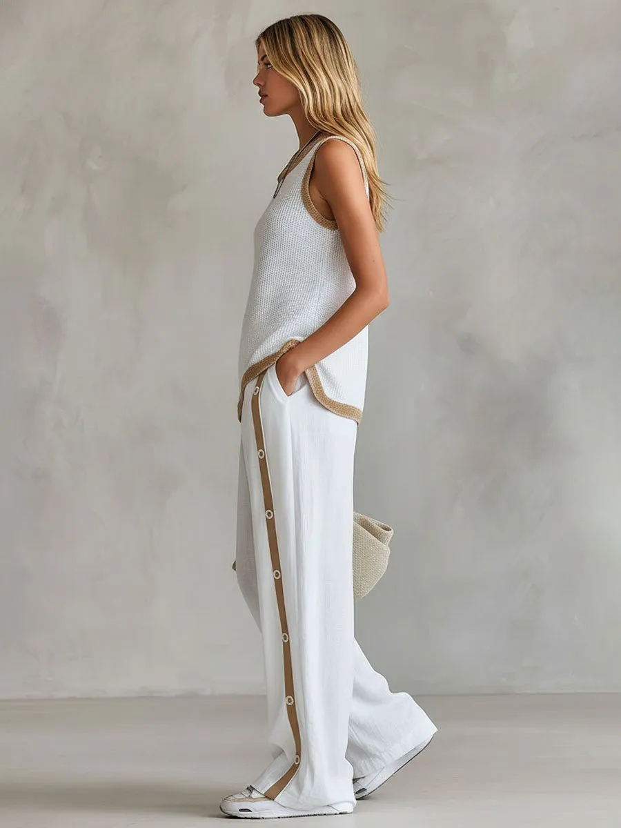 Loose-fitting Color-blocked Crew Neck Knit Top And Cotton-linen Pants Set sold by Oyrosy product image thumbnail 2