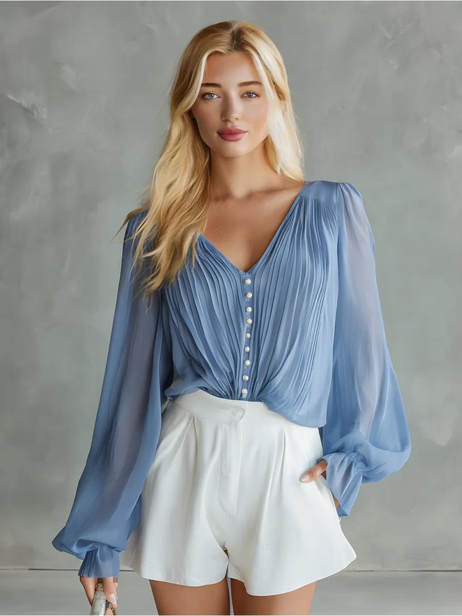 Stylish And Beautiful V-neck Long-sleeved Button-down Chiffon Top sold by Oyrosy product image thumbnail 4