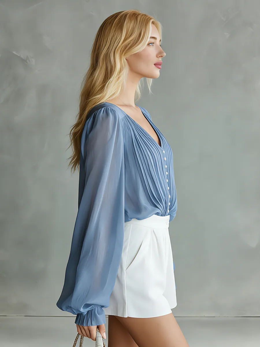 Stylish And Beautiful V-neck Long-sleeved Button-down Chiffon Top sold by Oyrosy product image thumbnail 2