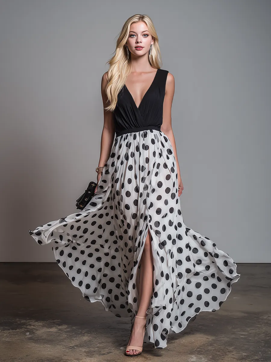 Beautiful Vintage-Style V-Neck Sleeveless Polka-Dot Chiffon Maxi Dress sold by Oyrosy product image thumbnail 4