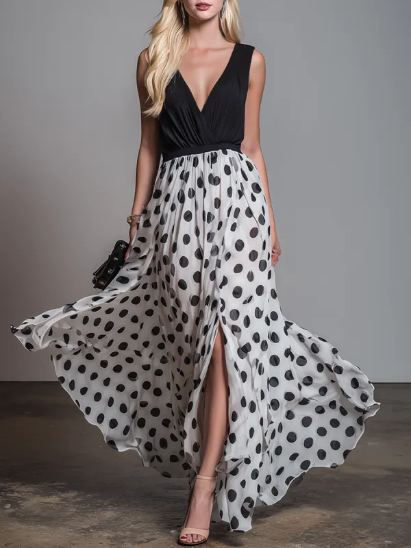 Beautiful Vintage-Style V-Neck Sleeveless Polka-Dot Chiffon Maxi Dress made by Oyrosy