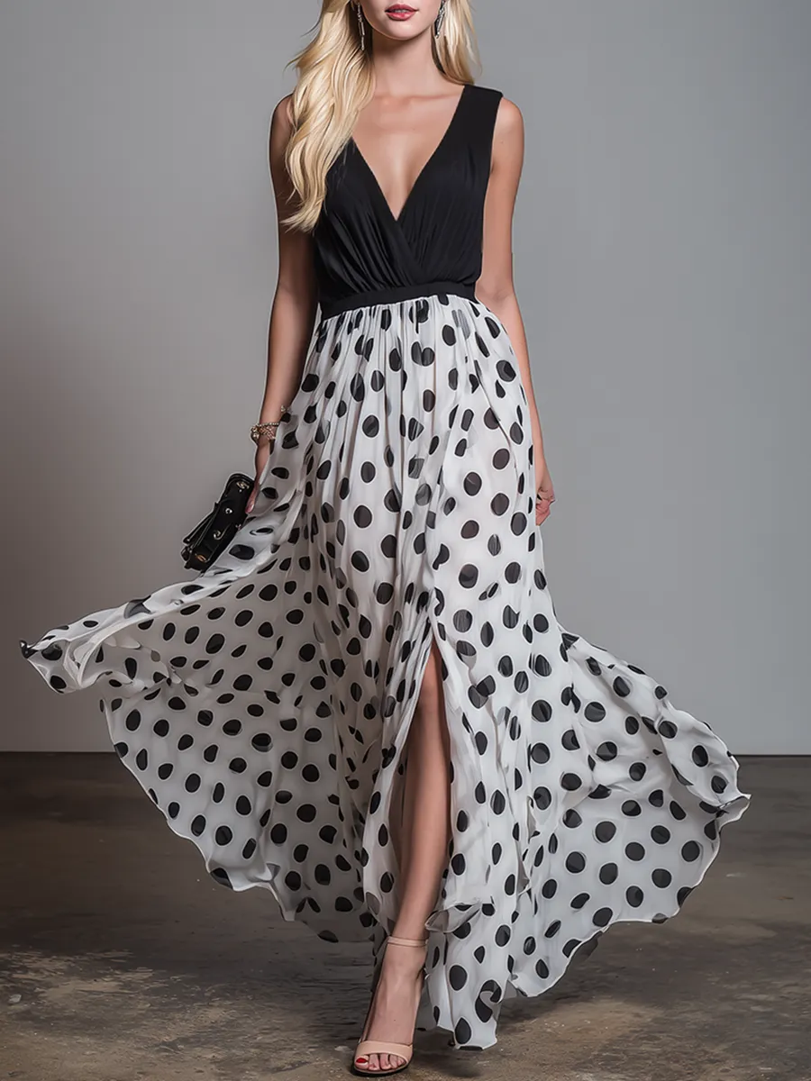 Beautiful Vintage-Style V-Neck Sleeveless Polka-Dot Chiffon Maxi Dress sold by Oyrosy