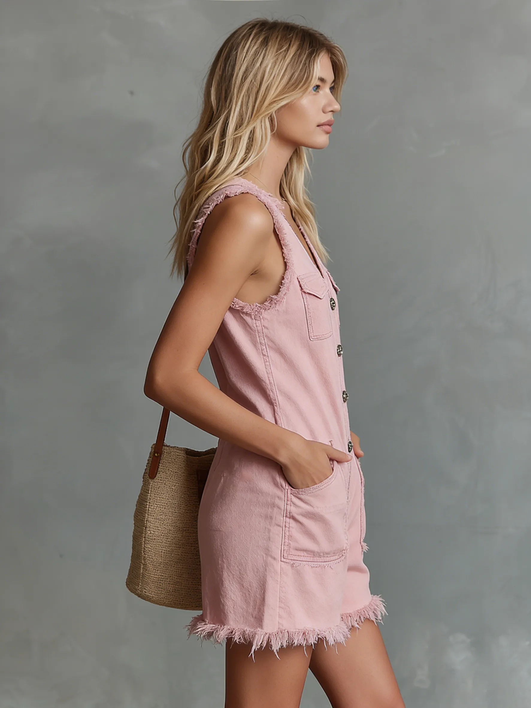 Retro Casual V-neck Button-down Sleeveless Denim Jumpsuit Shorts sold by Oyrosy product image thumbnail 2