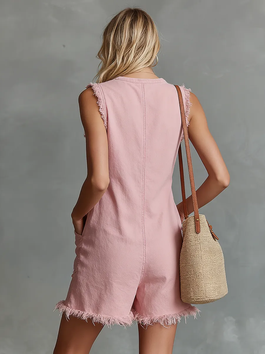 Retro Casual V-neck Button-down Sleeveless Denim Jumpsuit Shorts sold by Oyrosy product image thumbnail 3