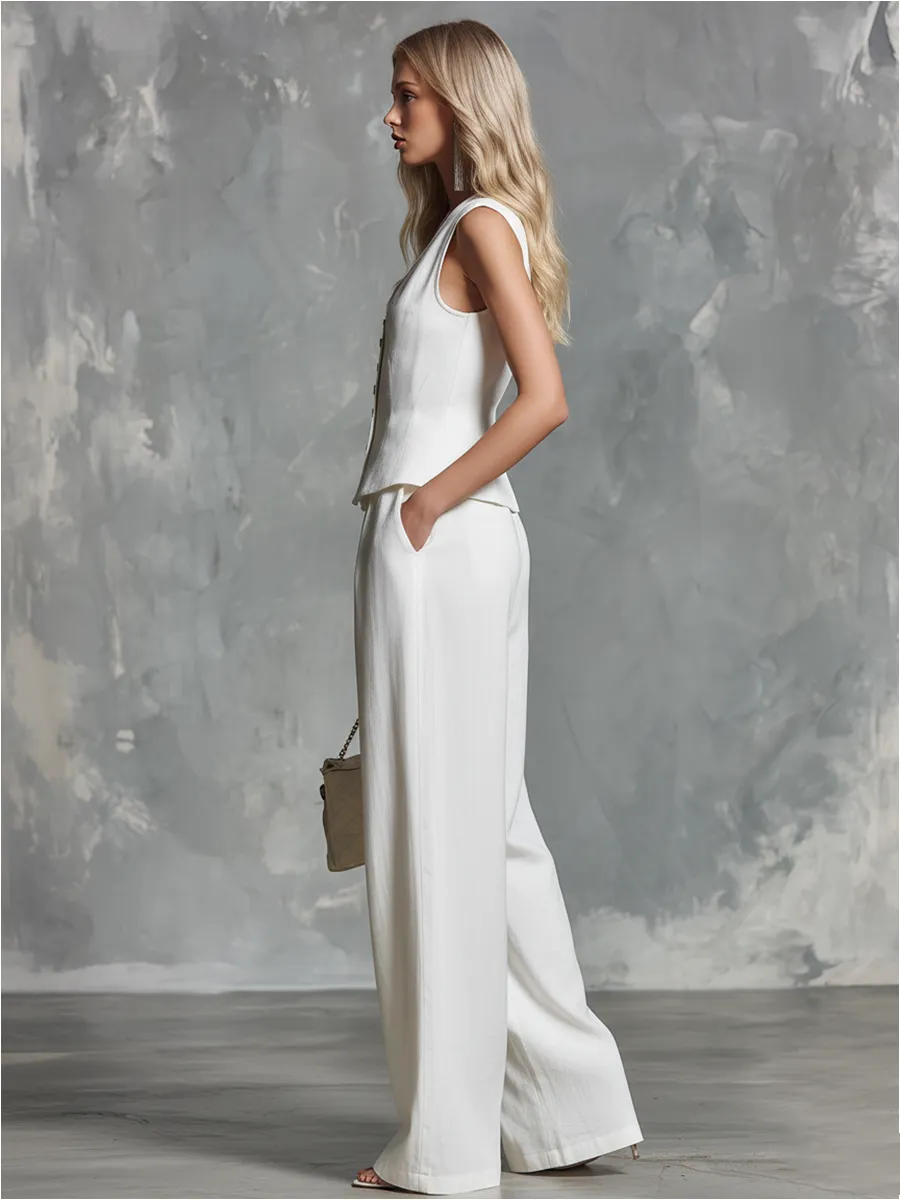Stylish And Casual Sleeveless V-neck Button-down Top And Wide-leg Trousers Set sold by Oyrosy product image thumbnail 2